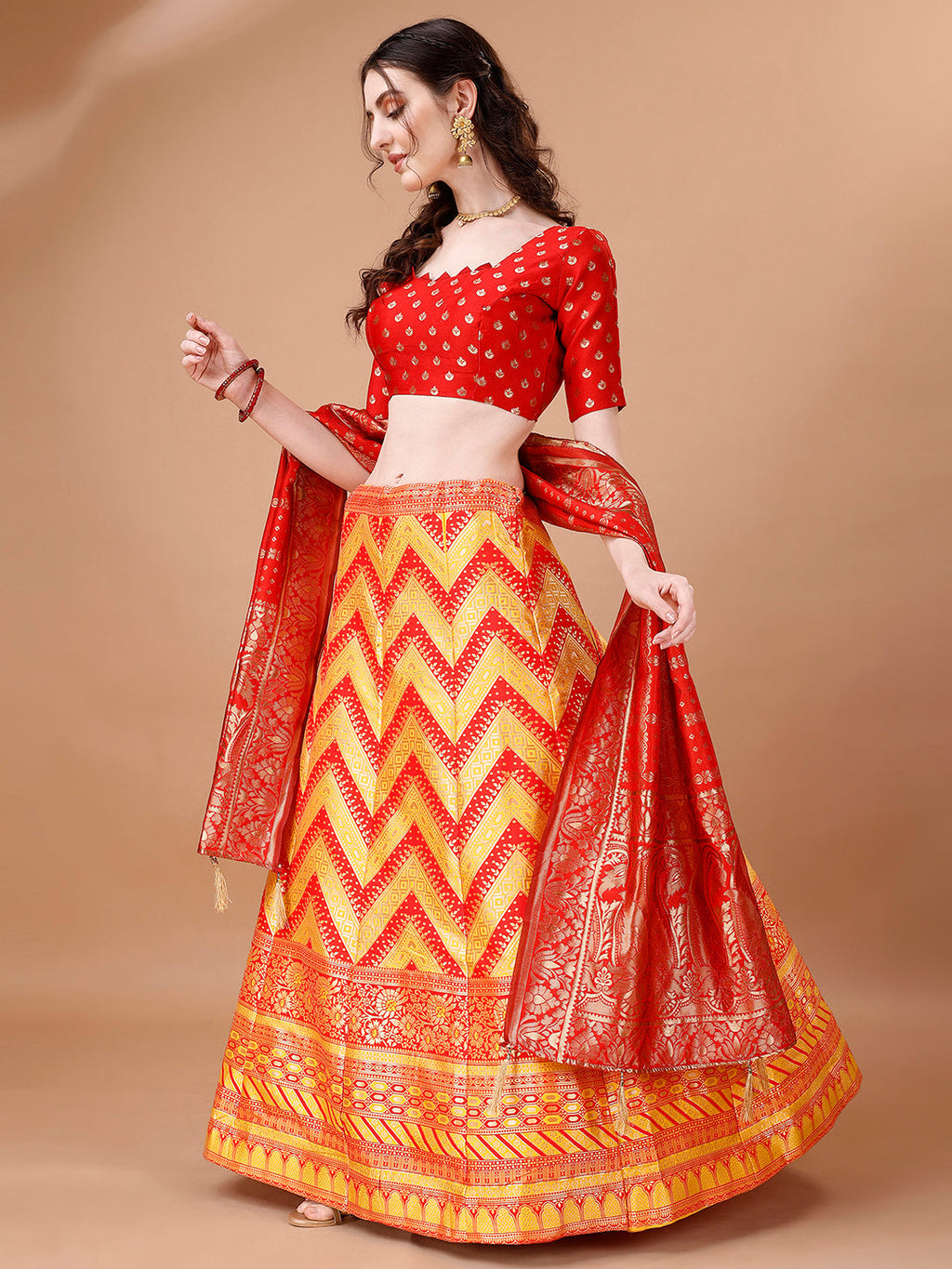 Yellow & Red Semi-Stitched Lehenga Set with Dupatta