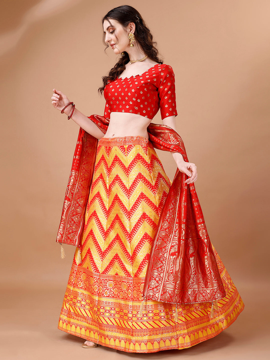 Yellow & Red Semi-Stitched Lehenga Set with Dupatta