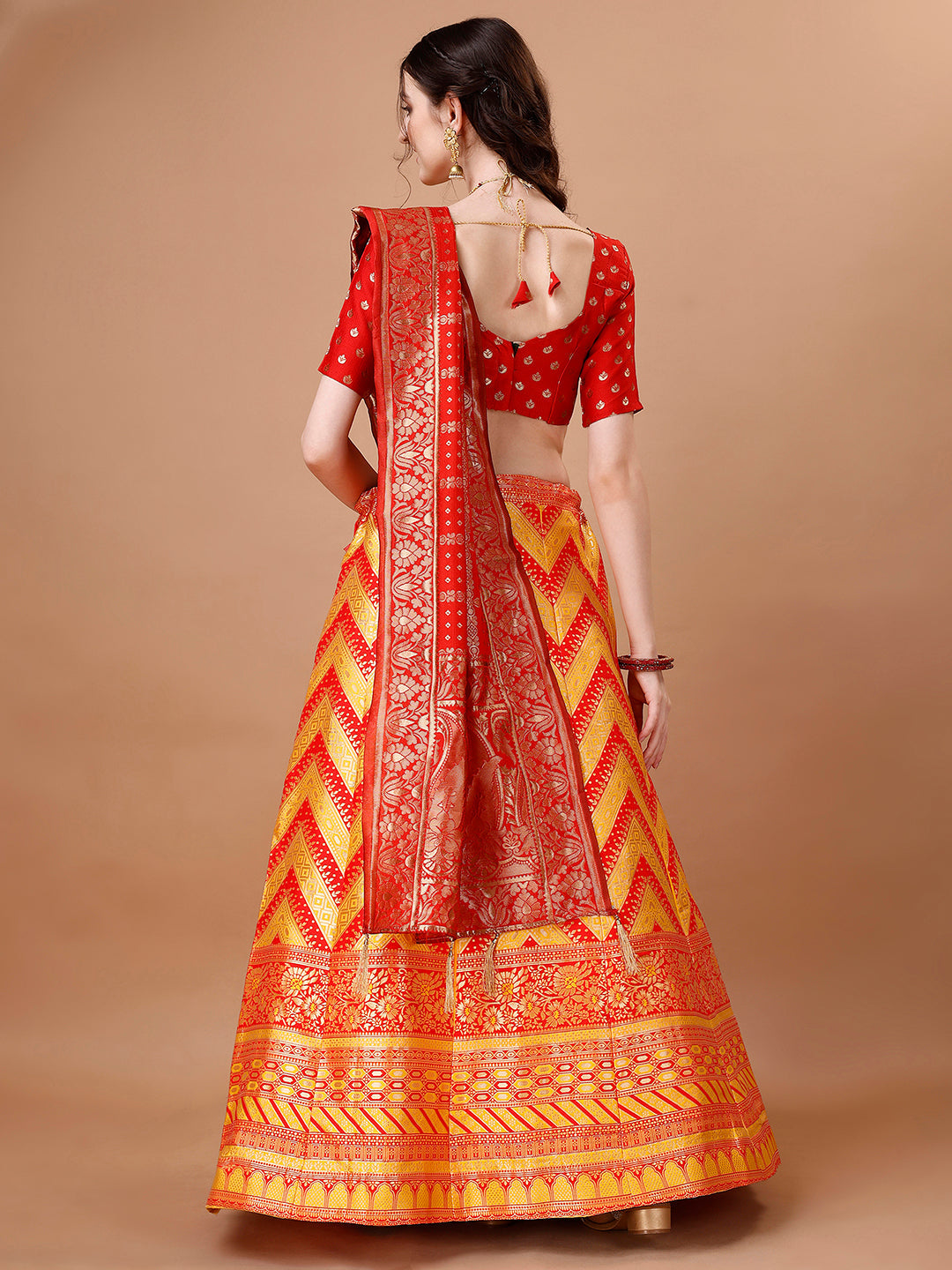 Yellow & Red Semi-Stitched Lehenga Set with Dupatta