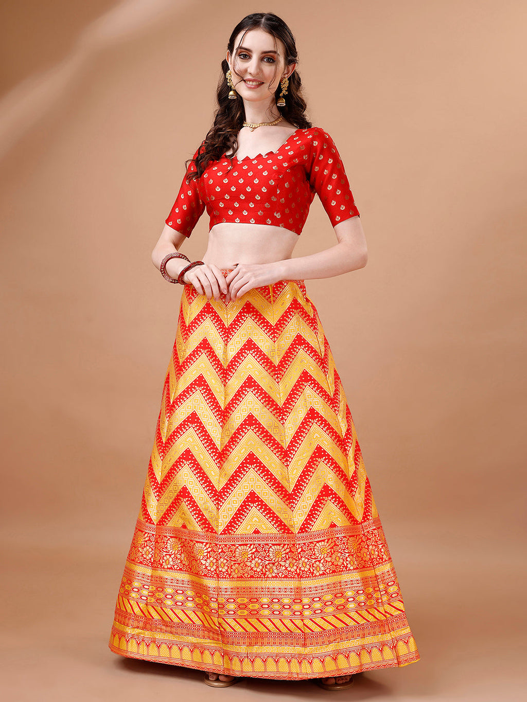 Yellow & Red Semi-Stitched Lehenga Set with Dupatta