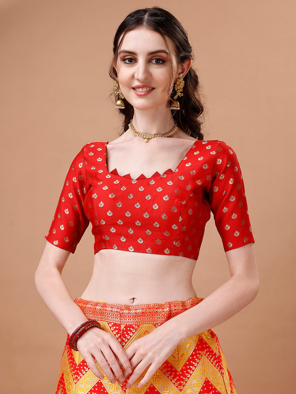 Yellow & Red Semi-Stitched Lehenga Set with Dupatta