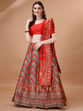 Green and Red semi-stitched lehenga set with dupatta and unstitched blouse fabric