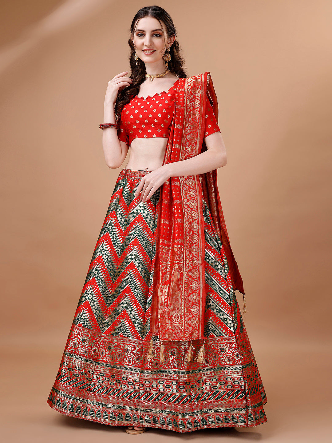 Green and Red semi-stitched lehenga set with dupatta and unstitched blouse fabric