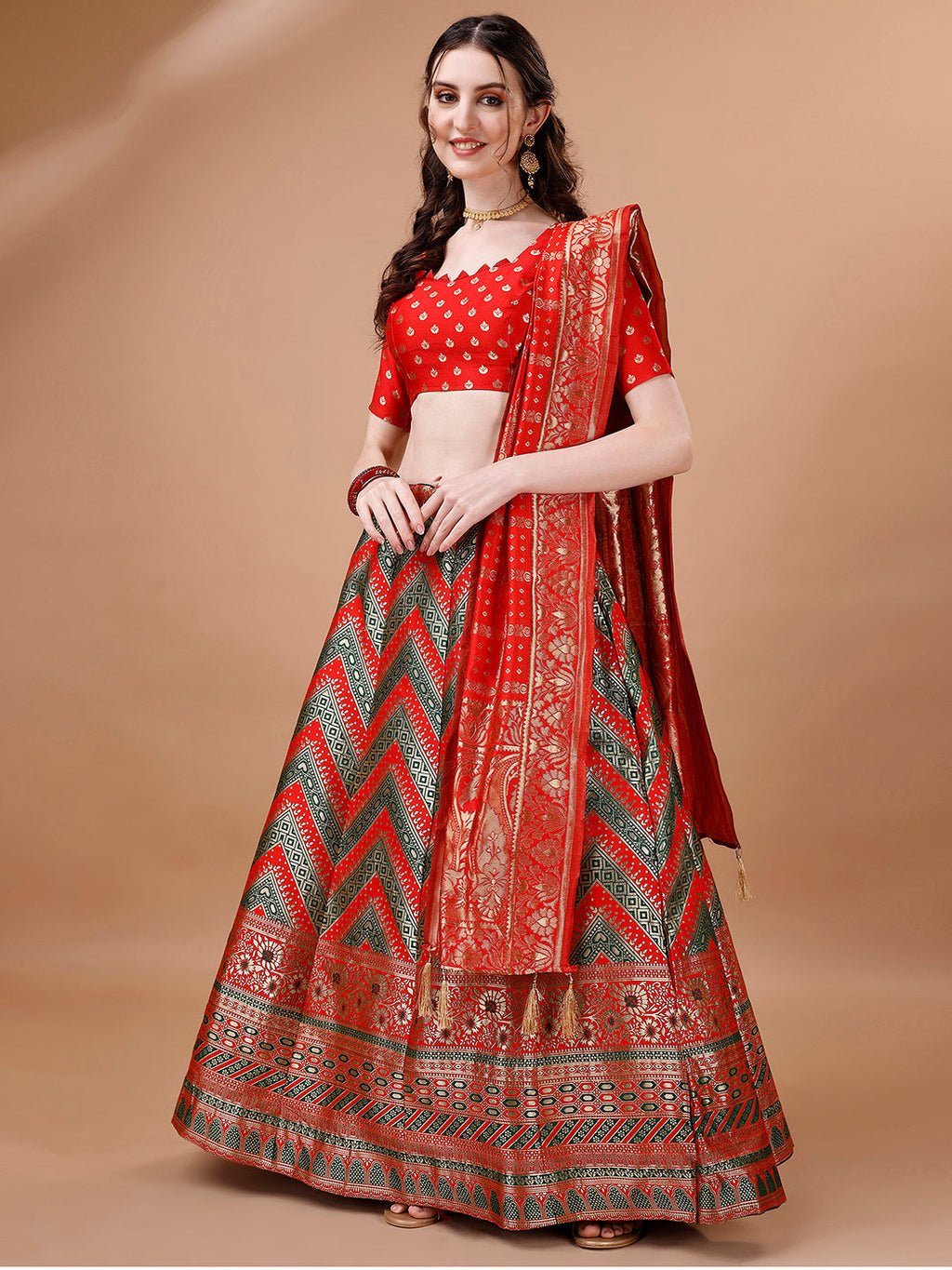 Green & Red Semi-Stitched Lehenga Set with Unstitched Blouse