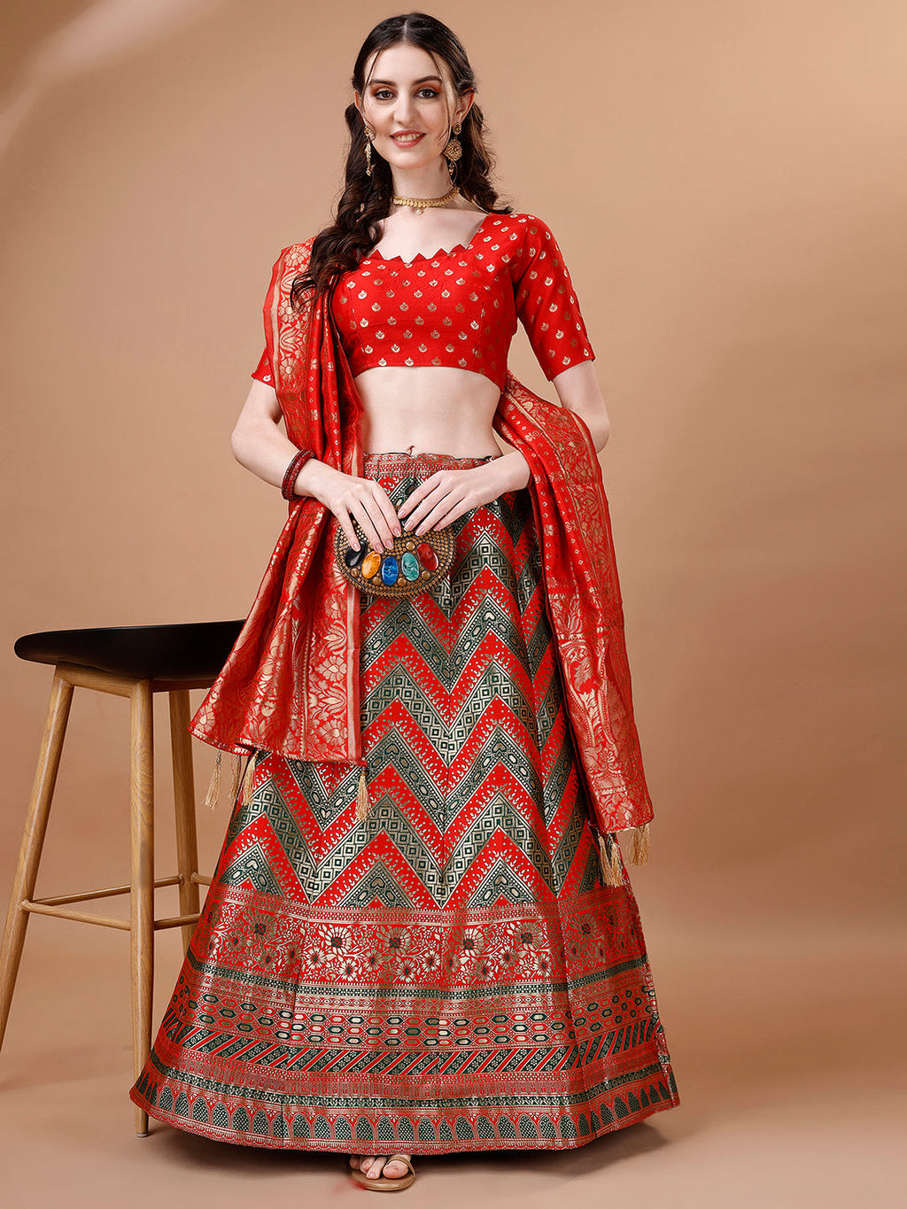 Green & Red Semi-Stitched Lehenga Set with Unstitched Blouse