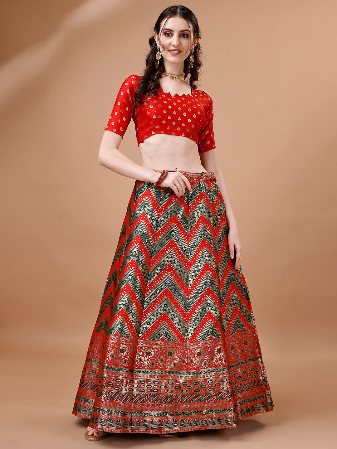 Green & Red Semi-Stitched Lehenga Set with Unstitched Blouse
