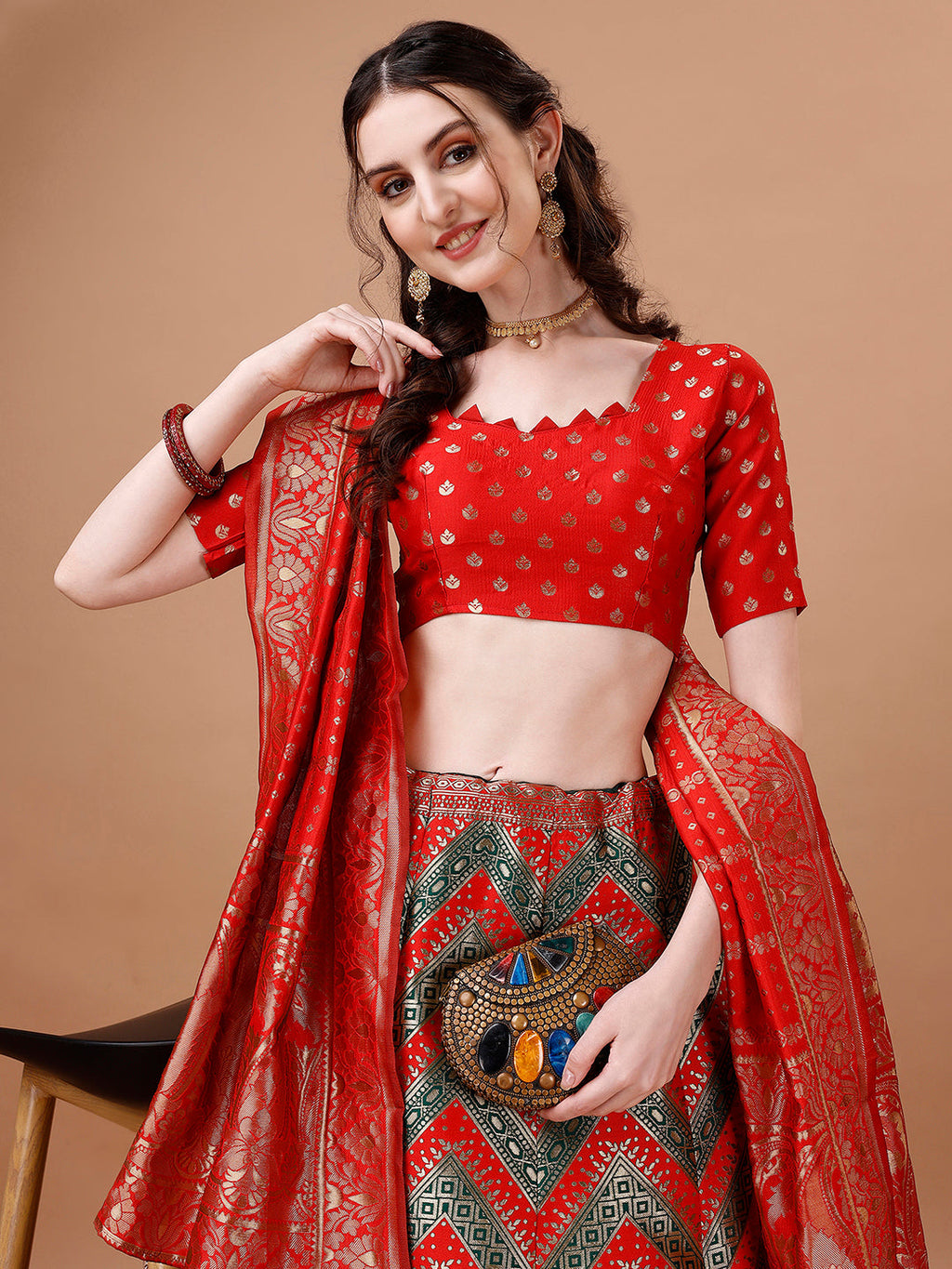 Green & Red Semi-Stitched Lehenga Set with Unstitched Blouse