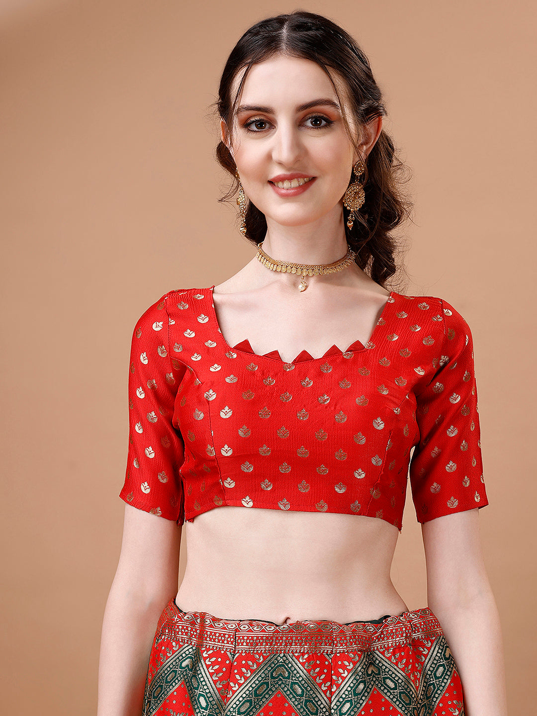 Green & Red Semi-Stitched Lehenga Set with Unstitched Blouse