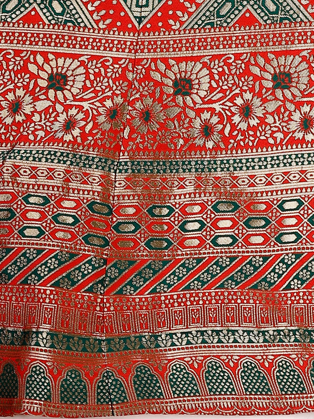 Green & Red Semi-Stitched Lehenga Set with Unstitched Blouse