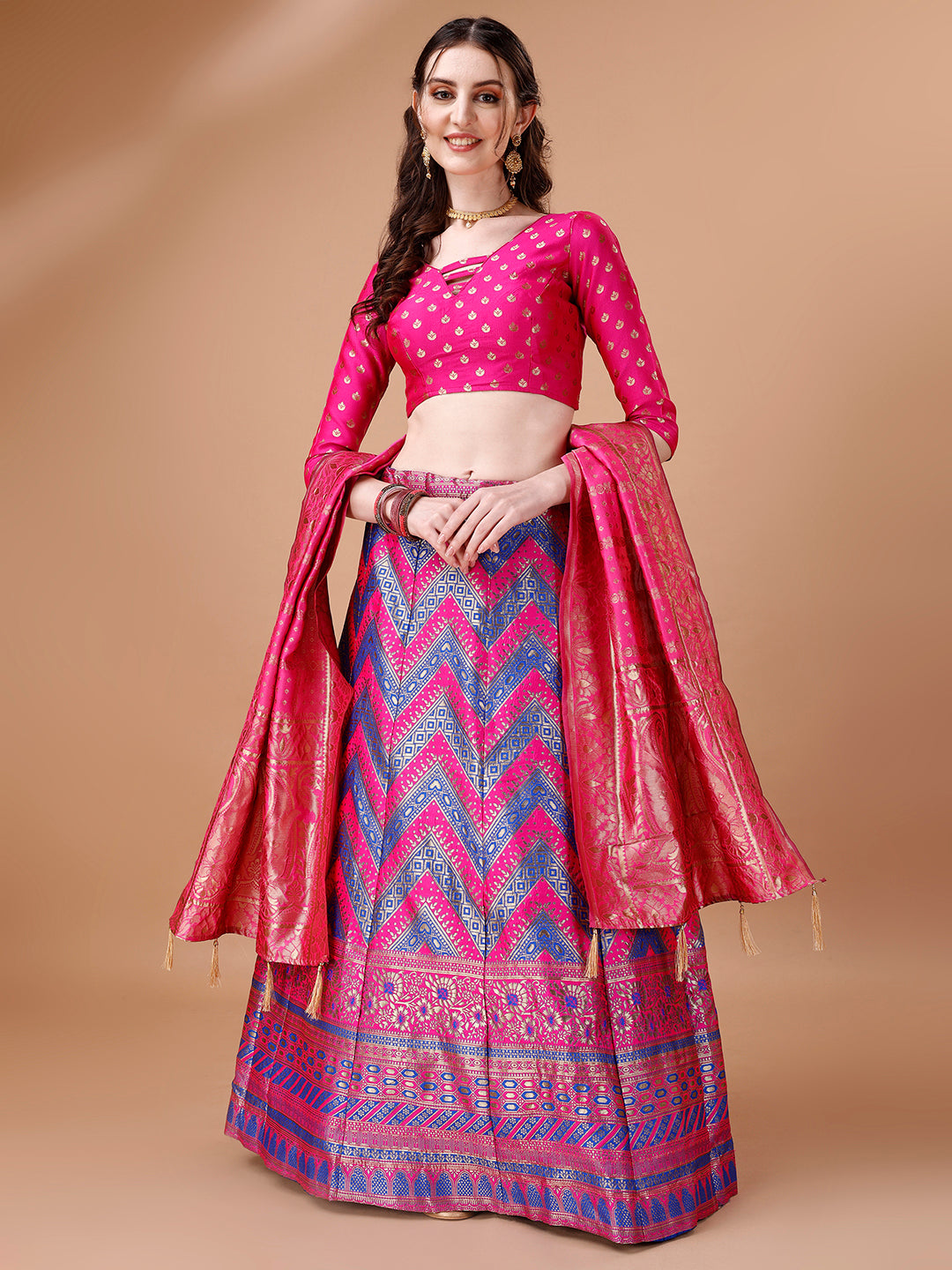 Vibrant purple and pink lehenga choli set with dupatta and generous flare