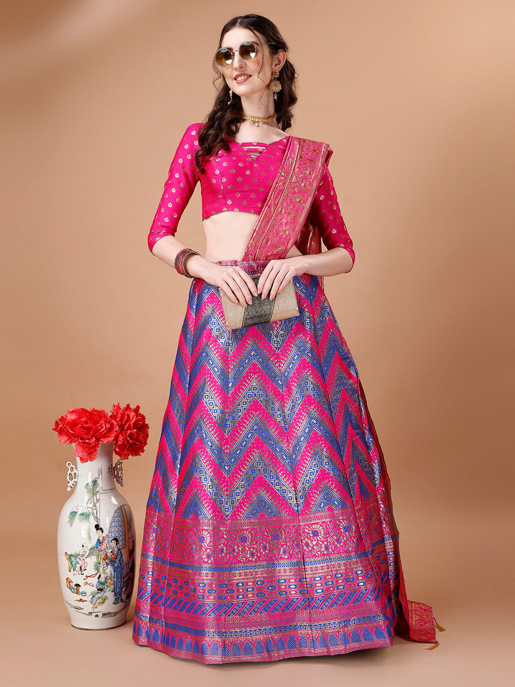 Purple & Pink Semi-Stitched Lehenga Choli with Dupatta