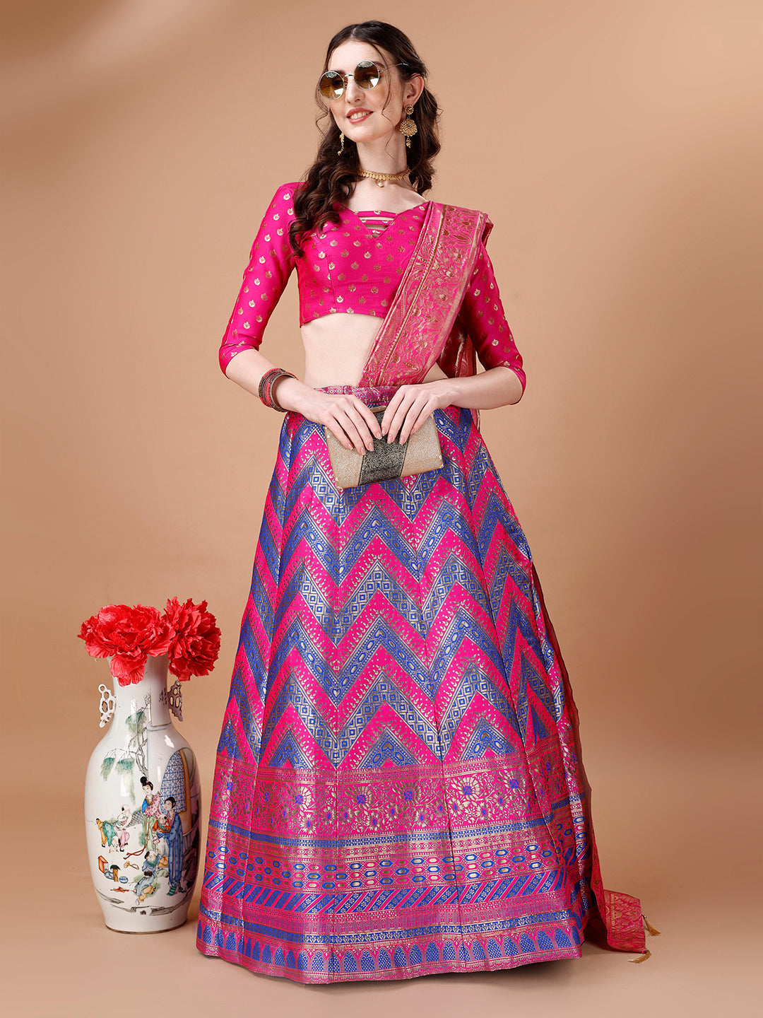 Purple & Pink Semi-Stitched Lehenga Choli with Dupatta