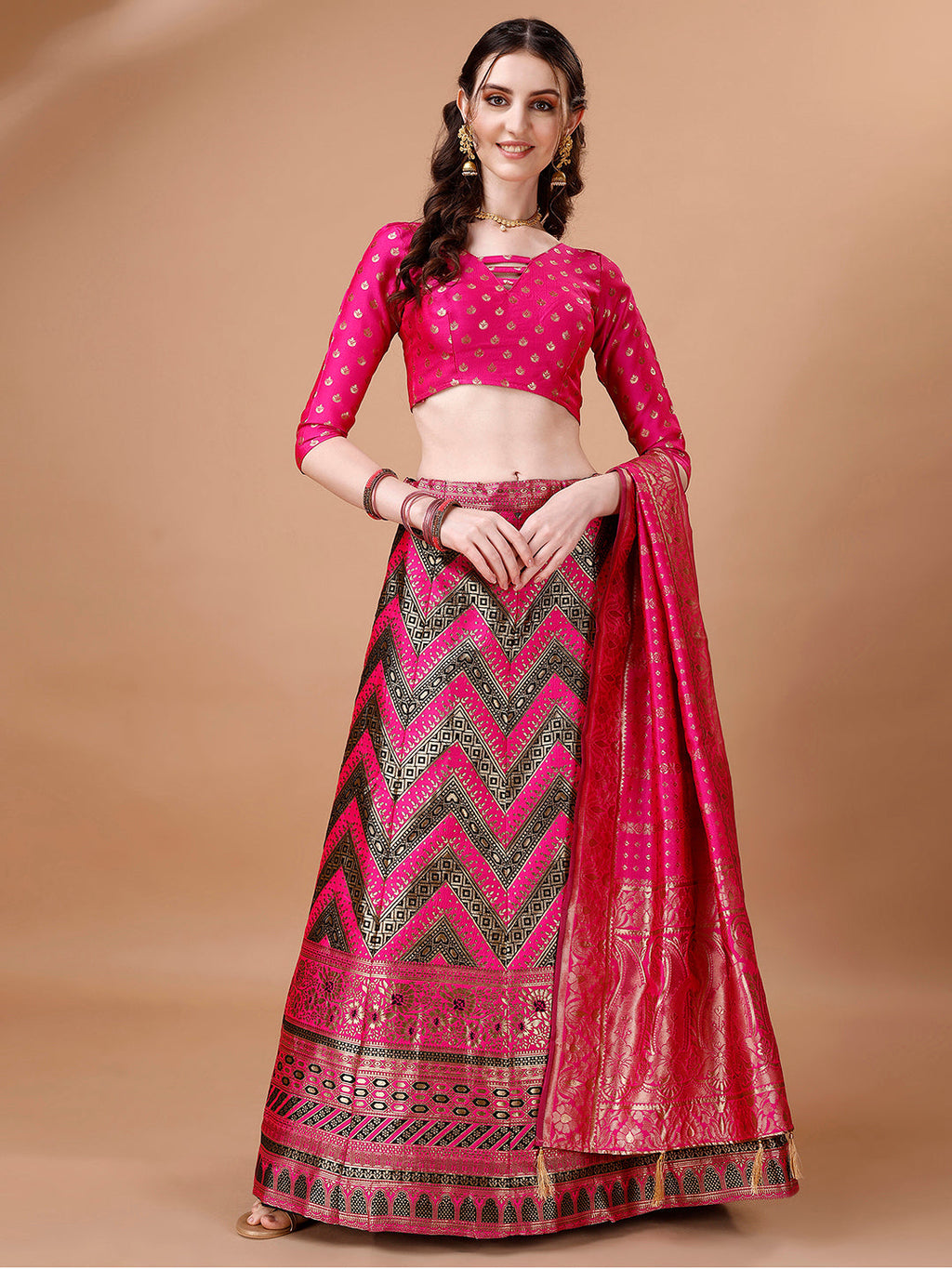 Black and pink semi-stitched lehenga with matching dupatta