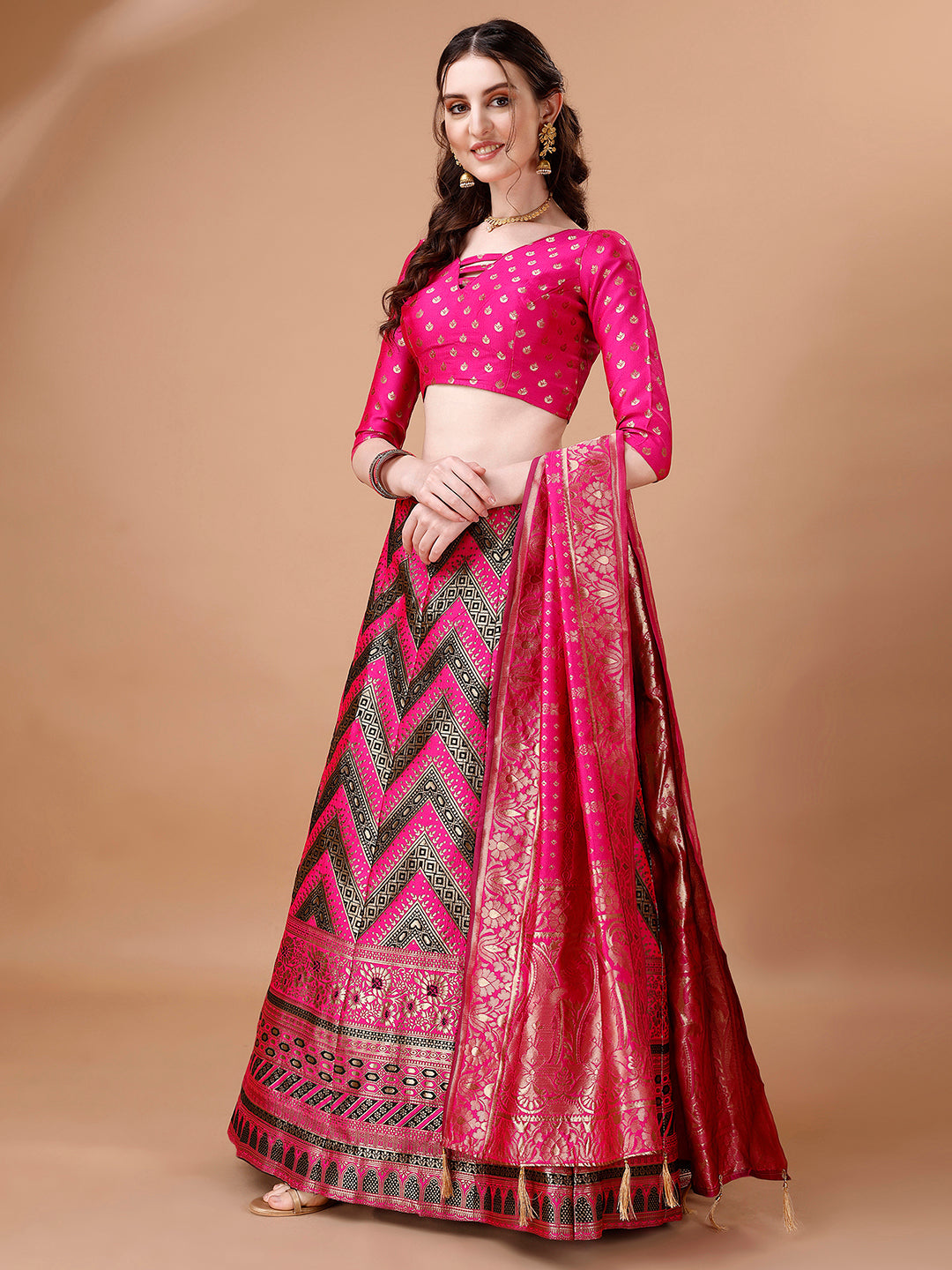 Black and Pink Semi-Stitched Lehenga with Unstitched Blouse