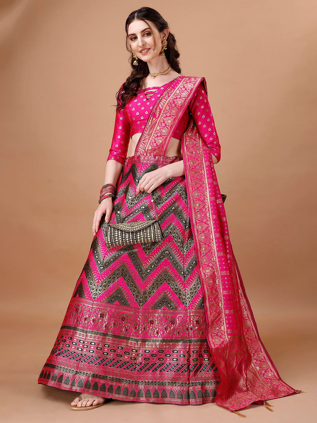 Black and Pink Semi-Stitched Lehenga with Unstitched Blouse
