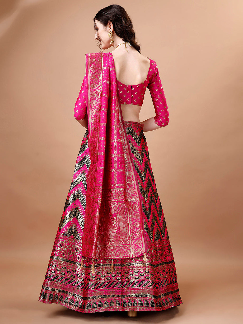 Black and Pink Semi-Stitched Lehenga with Unstitched Blouse