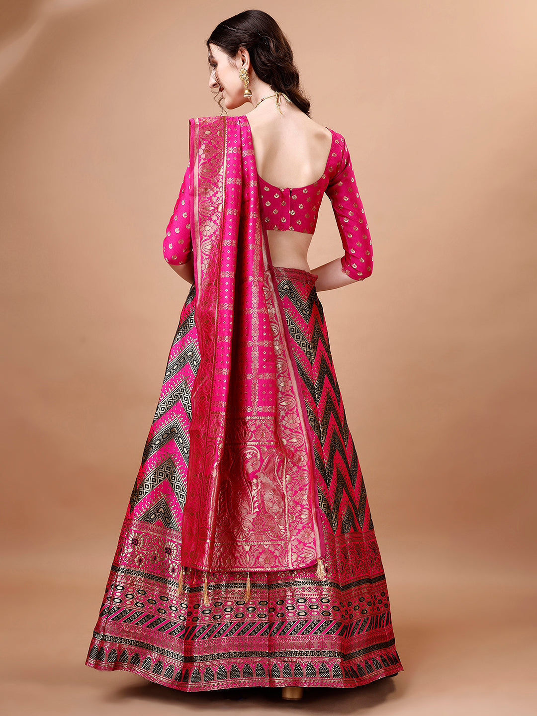 Black and Pink Semi-Stitched Lehenga with Unstitched Blouse