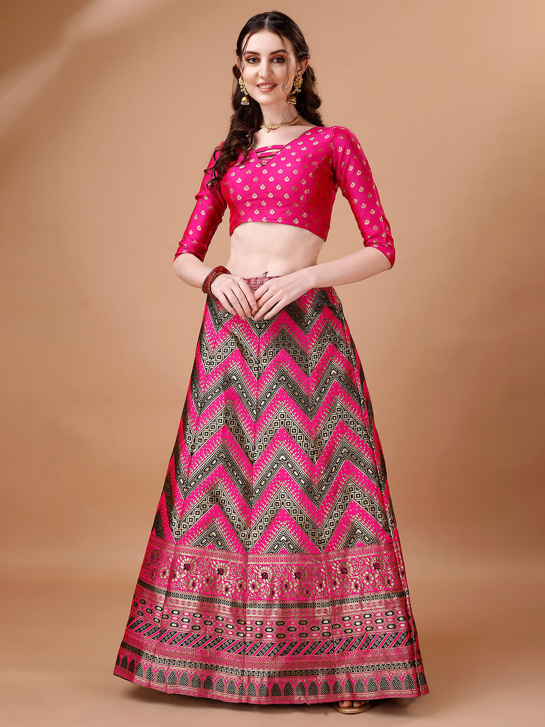 Black and Pink Semi-Stitched Lehenga with Unstitched Blouse