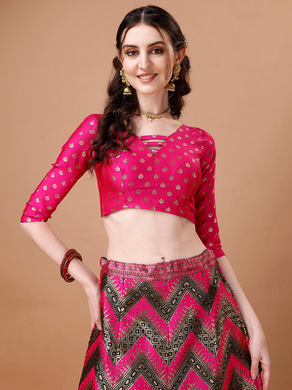 Black and Pink Semi-Stitched Lehenga with Unstitched Blouse