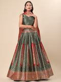 Green ready-to-wear lehenga with 2.30-meter flare and included blouse fabric