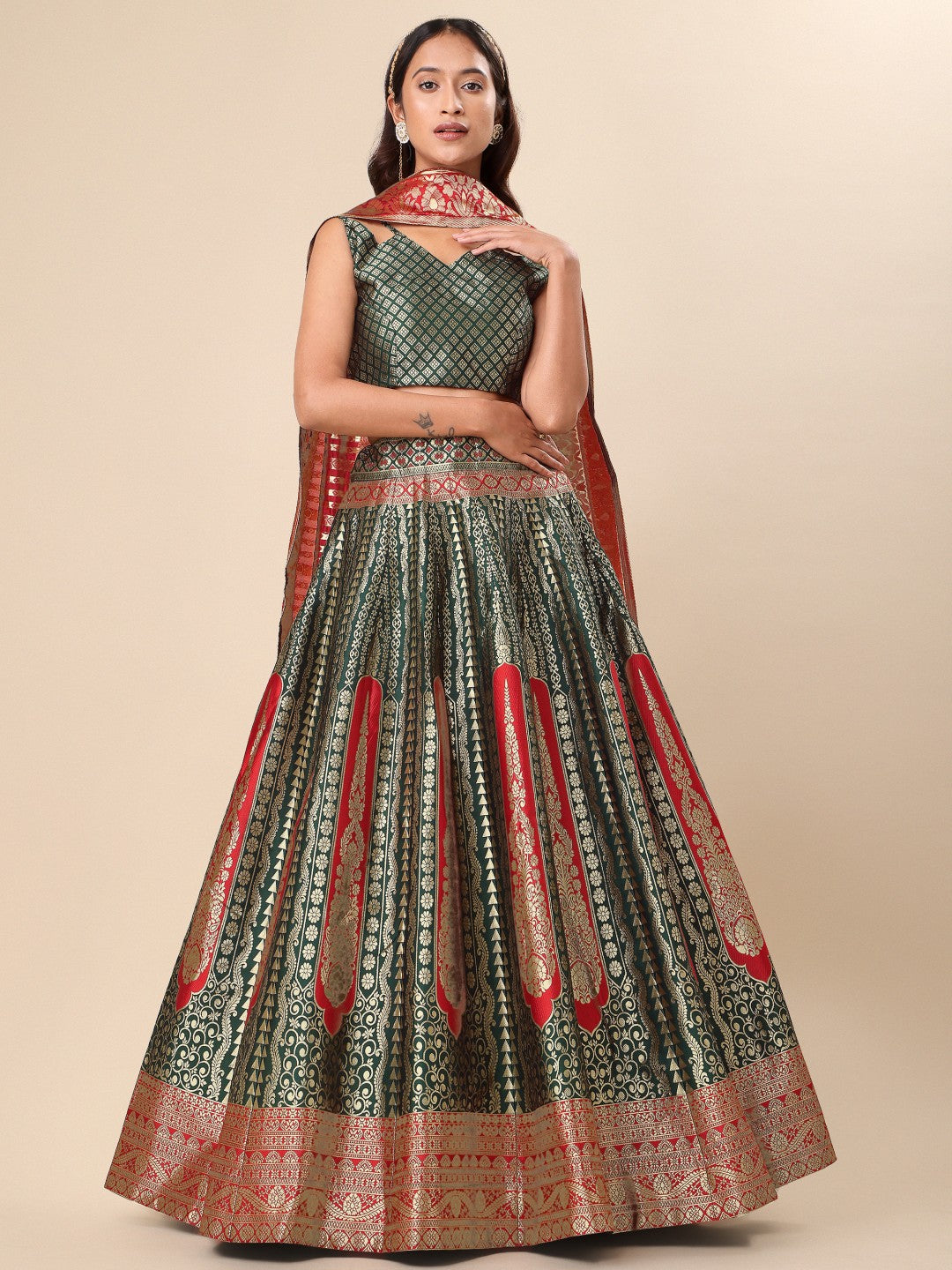 Green ready-to-wear lehenga with 2.30-meter flare and included blouse fabric