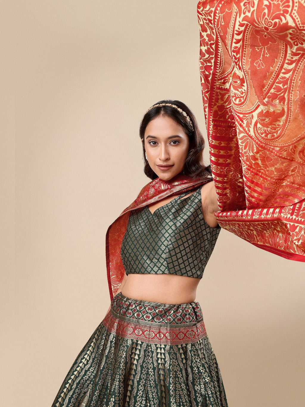 Green Ready to Wear Lehenga with Unstitched Blouse Set