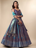 Elegant blue ready-to-wear lehenga with matching dupatta and unstitched blouse piece