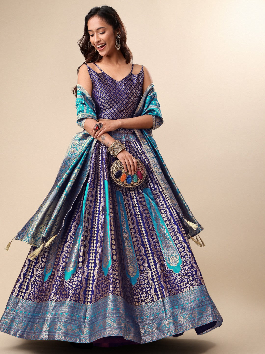 Blue Ready-to-Wear Lehenga with Unstitched Blouse and Dupatta