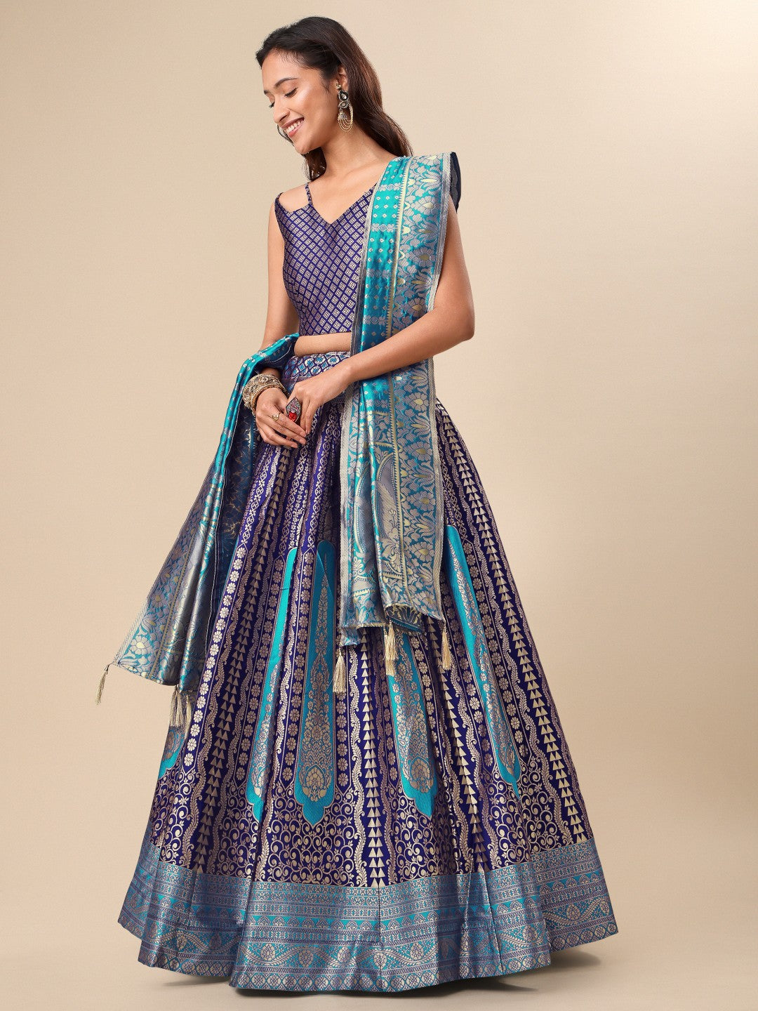 Blue Ready-to-Wear Lehenga with Unstitched Blouse and Dupatta