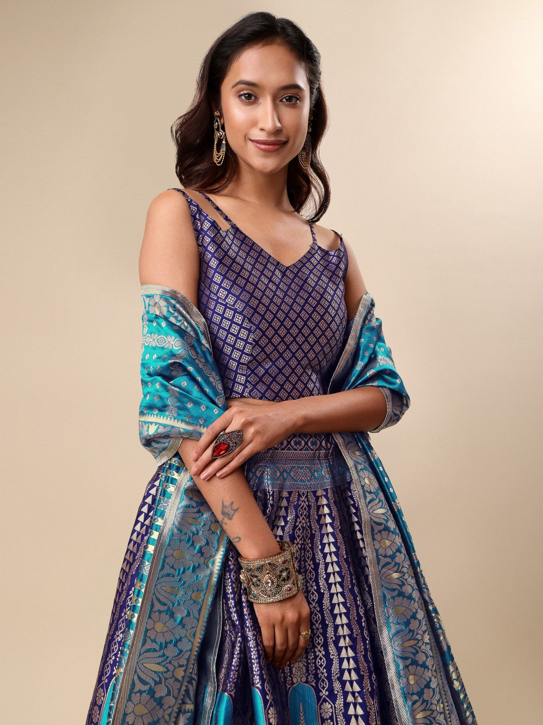 Blue Ready-to-Wear Lehenga with Unstitched Blouse and Dupatta