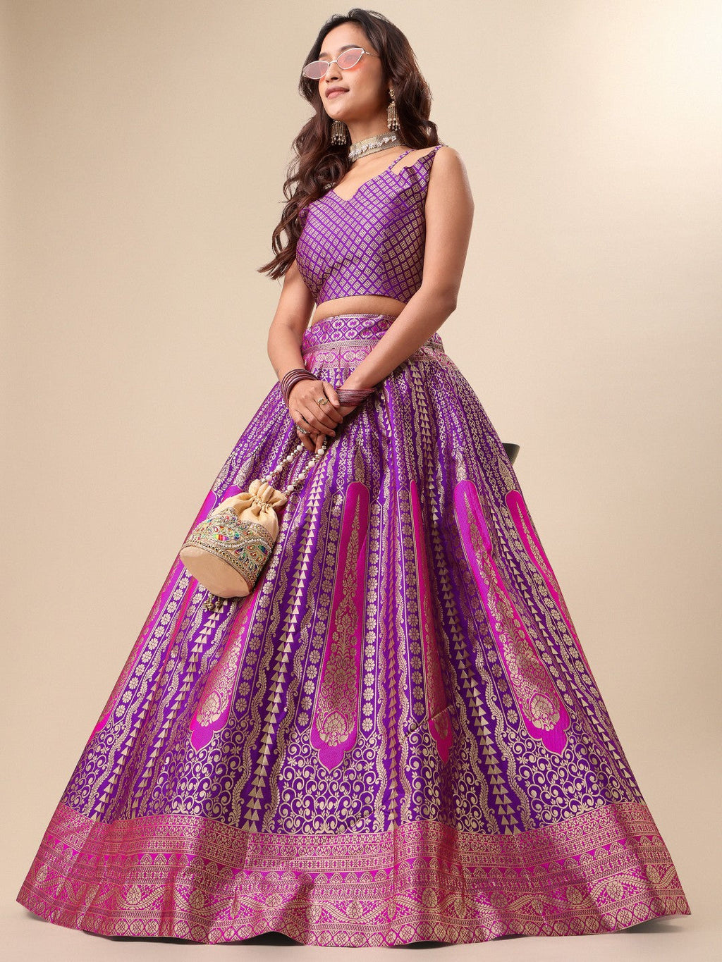 Purple ready-to-wear lehenga with matching dupatta and unstitched blouse fabric