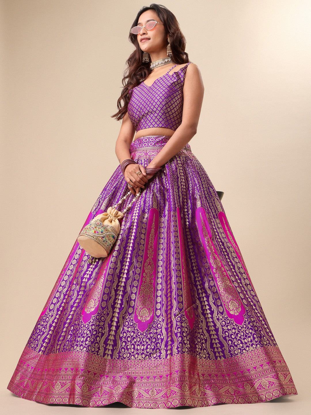 Purple ready-to-wear lehenga with matching dupatta and unstitched blouse fabric