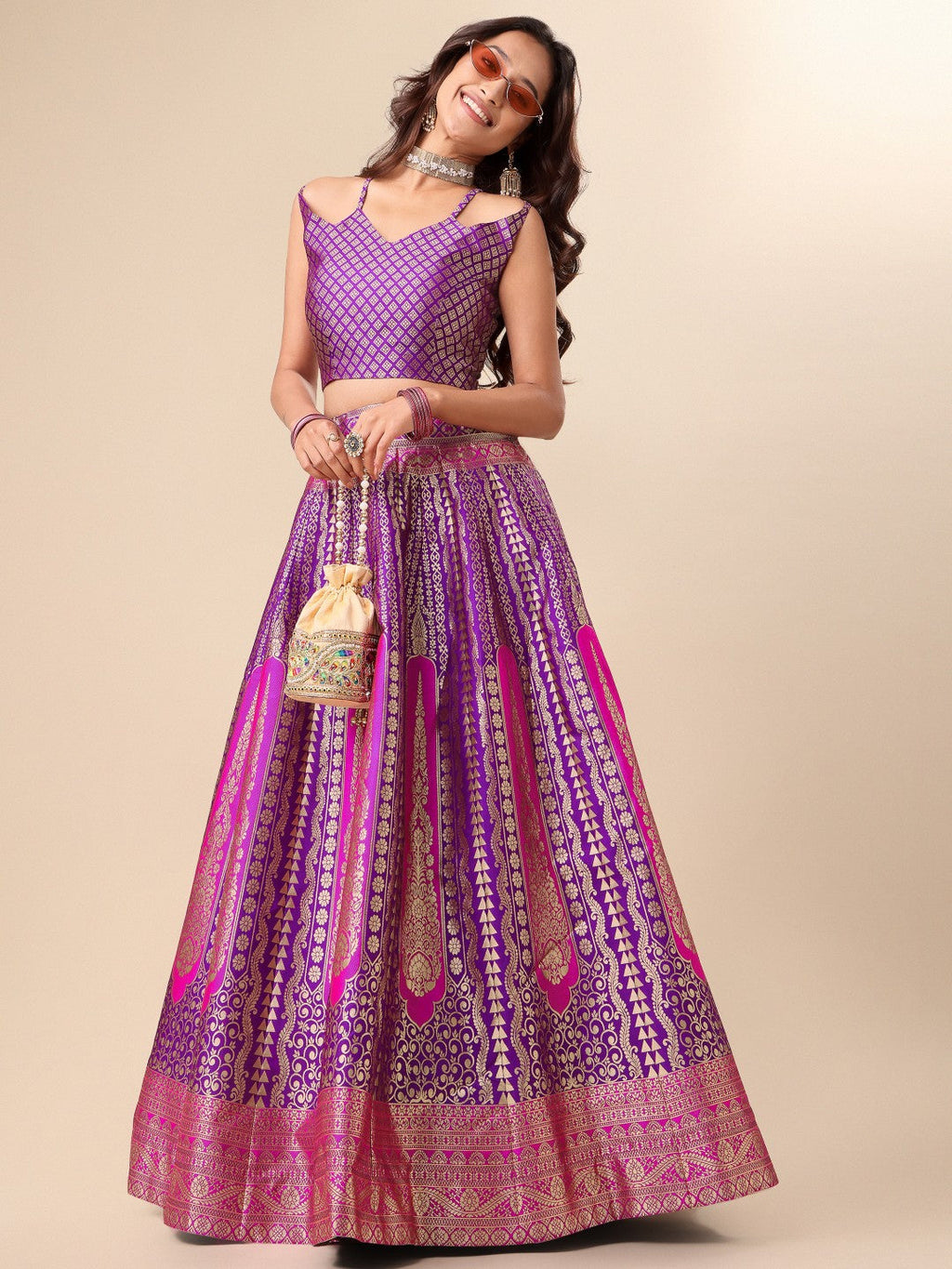 Purple Ready-to-Wear Lehenga with Unstitched Blouse and Dupatta