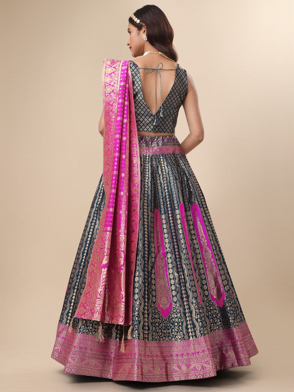 Rama Teal and Magenta Geometric Silk Ready to Wear Lehenga Set