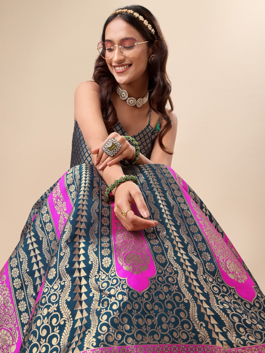 Rama Teal and Magenta Geometric Silk Ready to Wear Lehenga Set