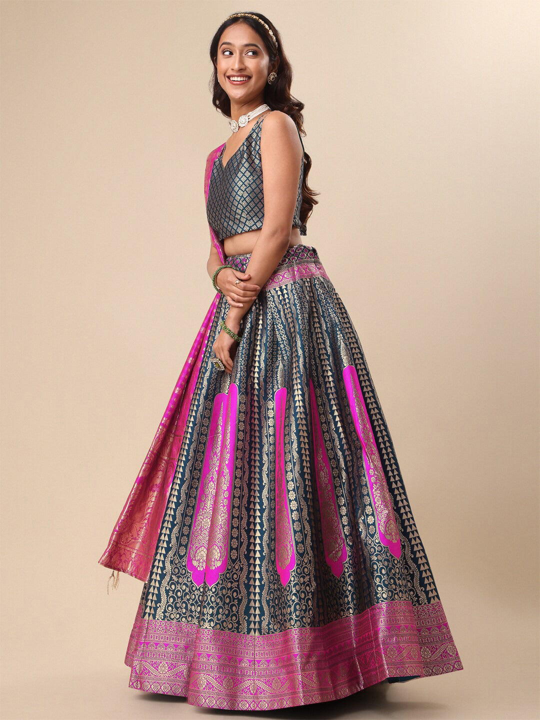 Rama Teal and Magenta Geometric Silk Ready to Wear Lehenga Set