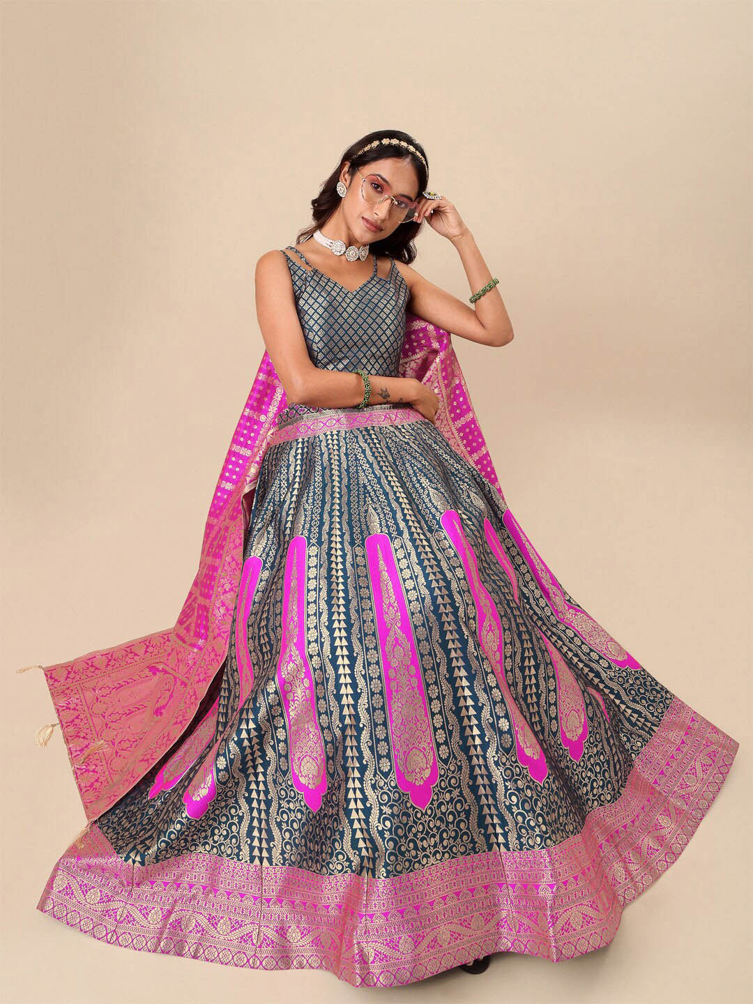 Rama Teal and Magenta Geometric Silk Ready to Wear Lehenga Set