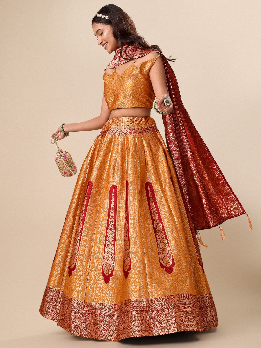 Orange Ready to Wear Lehenga with Unstitched Blouse Set