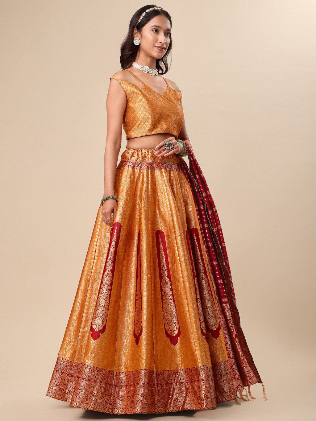 Orange Ready to Wear Lehenga with Unstitched Blouse Set