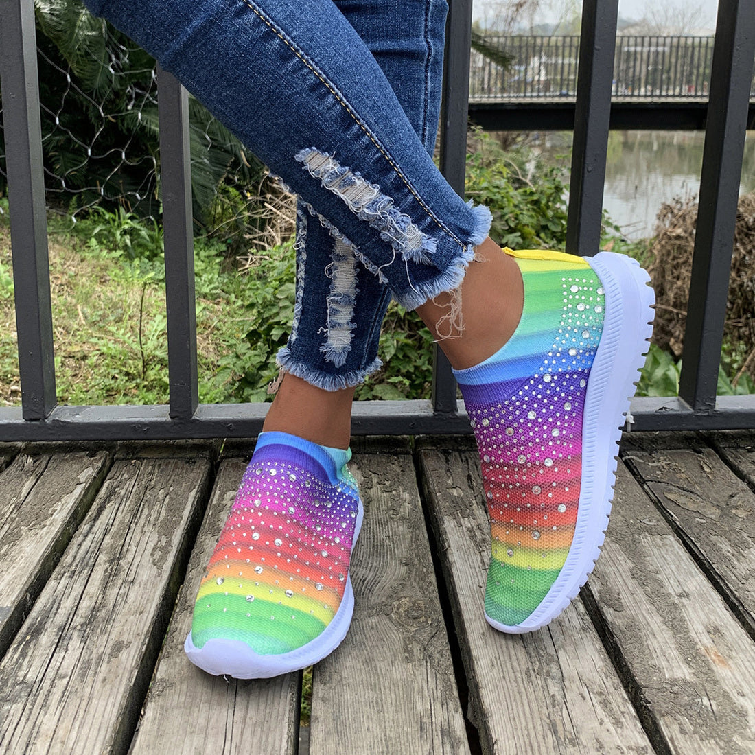 Women's Rhinestone Rainbow Color Block Breathable Mesh Sneakers