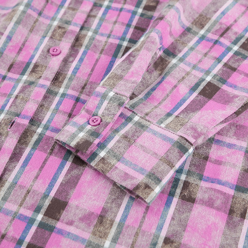 Versatile Pink Plaid Cotton Loose Fit Long Sleeve Button Shirt - Image 7