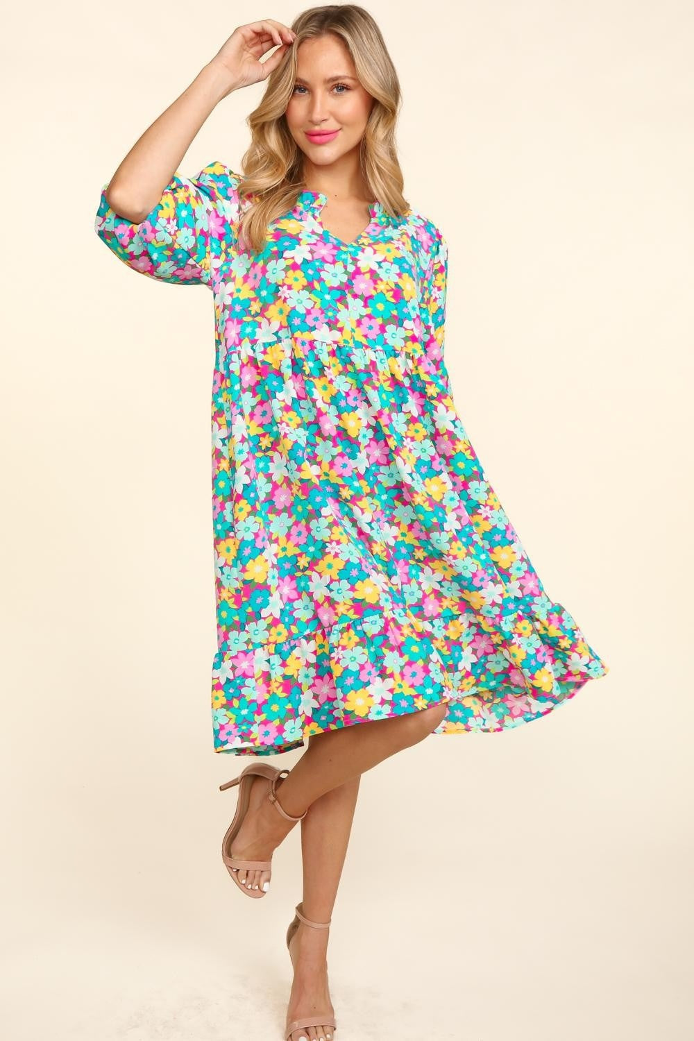 Floral Ruffled Summer Dress with Bubble Sleeves - Romantic Mini