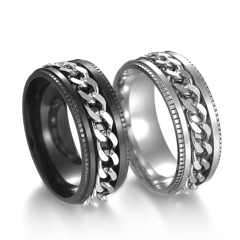 Stainless Steel Rotating Cuban Chain Spinner Ring For Men