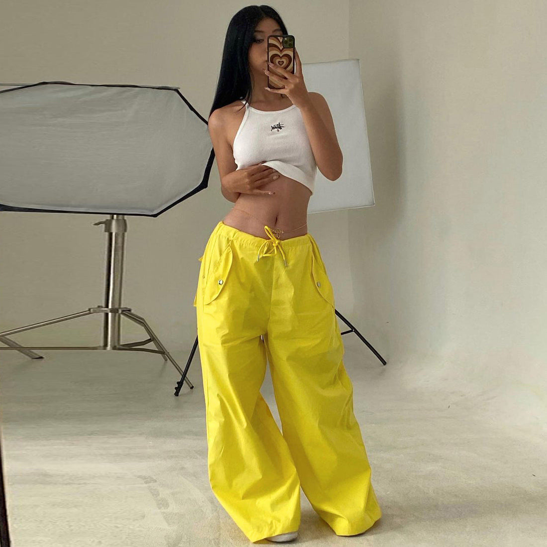 Women's High-Waist Straight-Leg Cargo Pants with Lace-Up Details