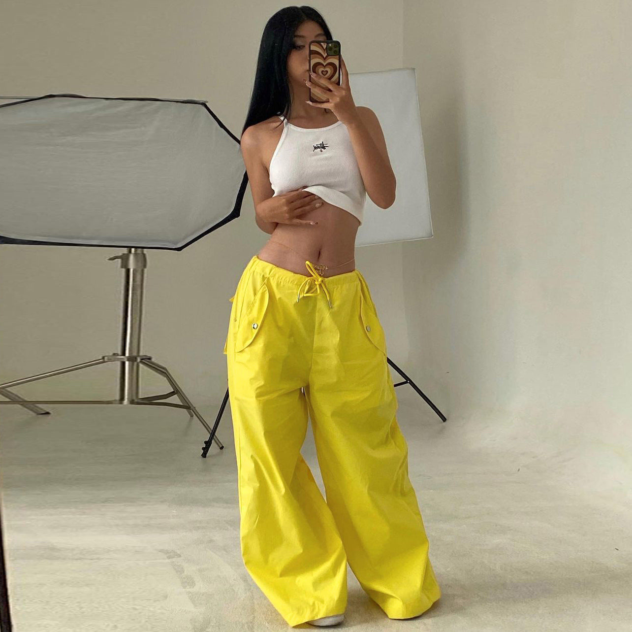 Women's High-Waist Straight-Leg Cargo Pants with Lace-Up Details