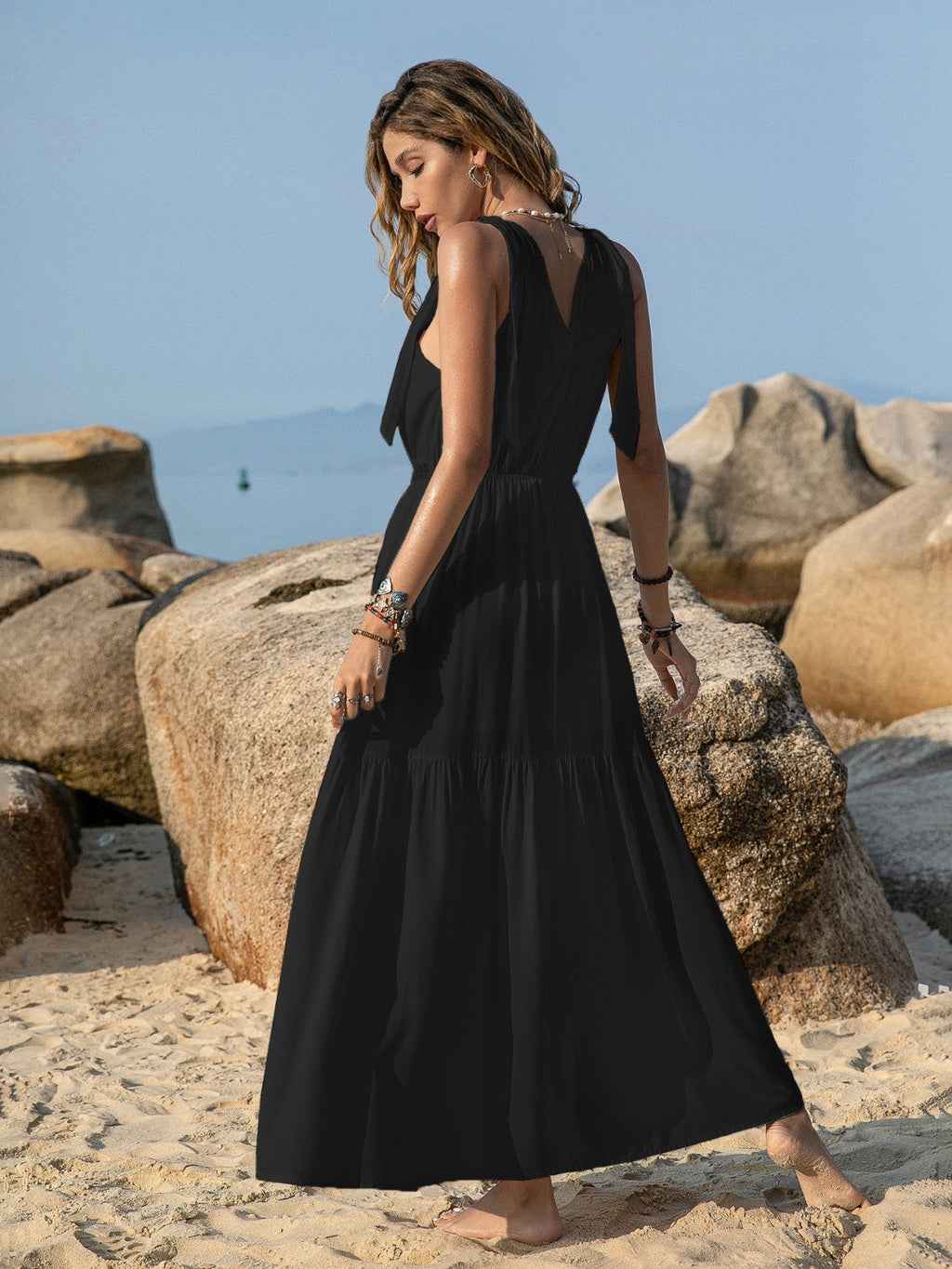 V-Neck Tie Shoulder Maxi Dress Flowy Summer Beachwear