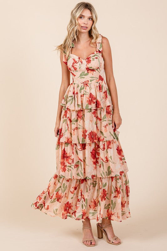 Layered Floral Sweetheart Neck Maxi Dress for Women