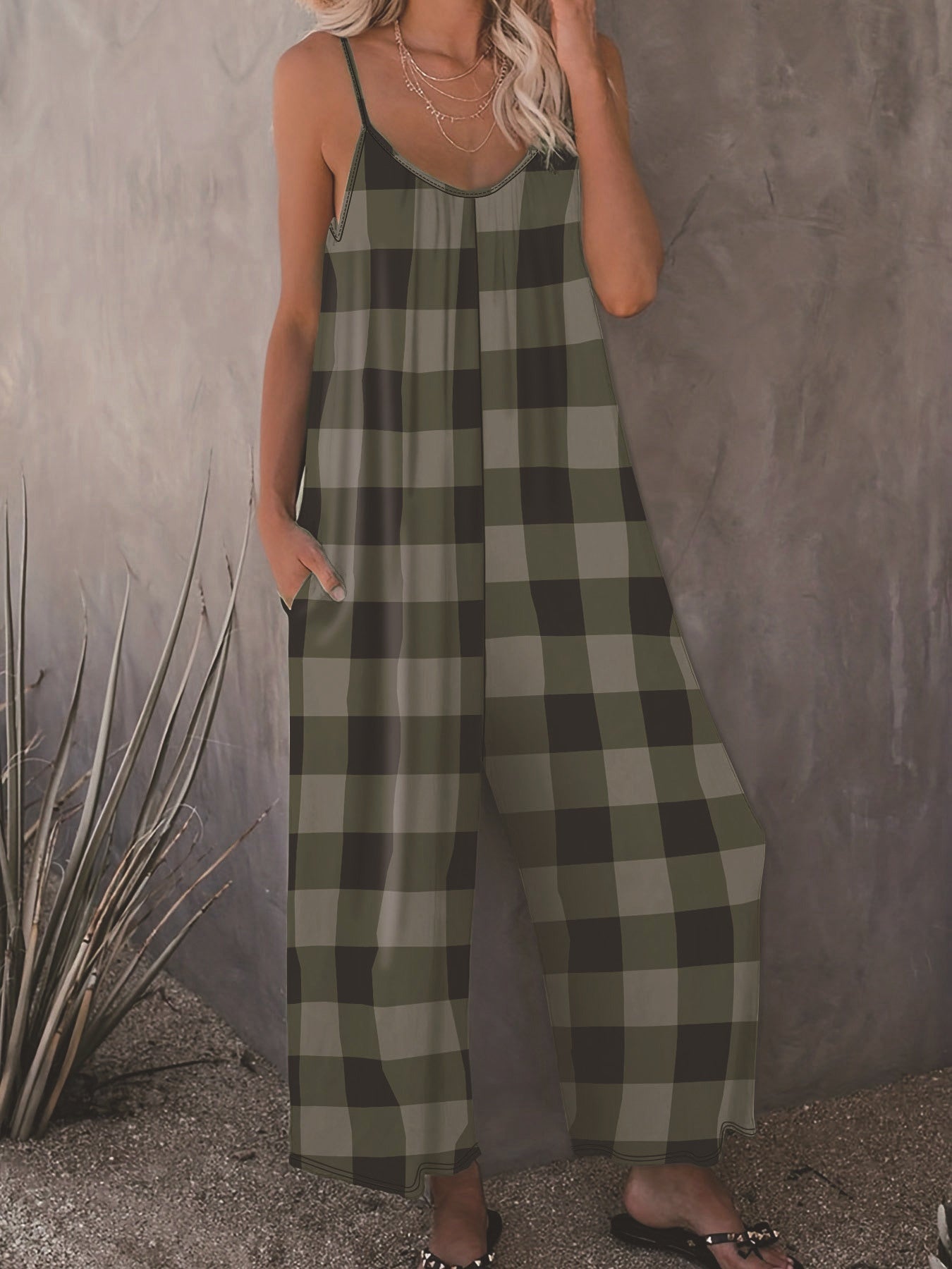 Casual Straight Leg Sling Jumpsuit in Plaid