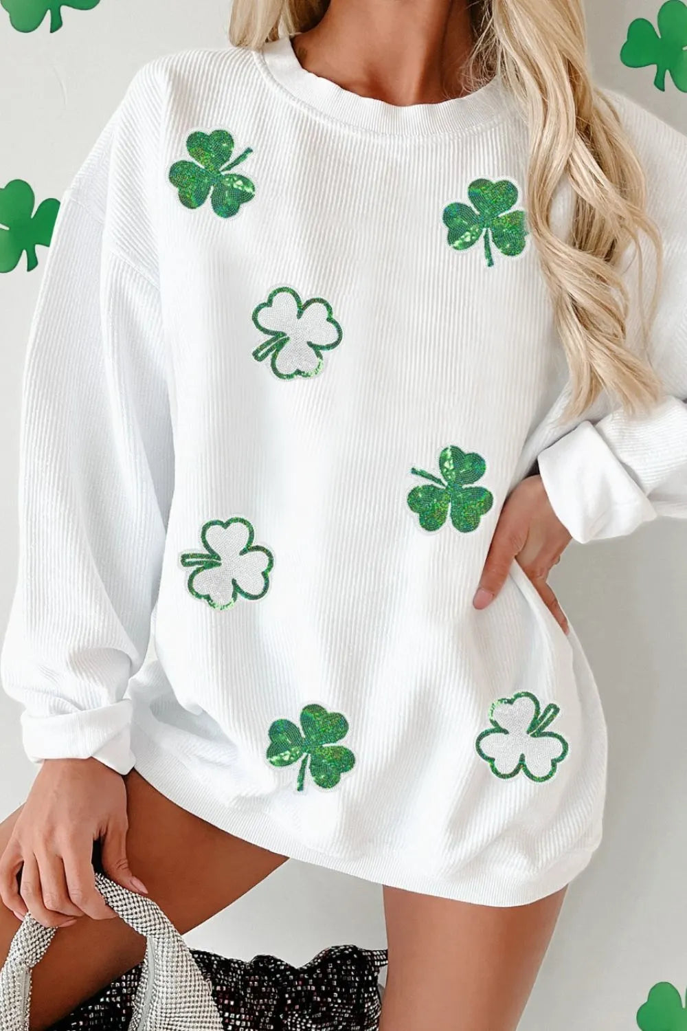 Sequin Lucky Clover Round Neck Long Sleeve Sweatshirt