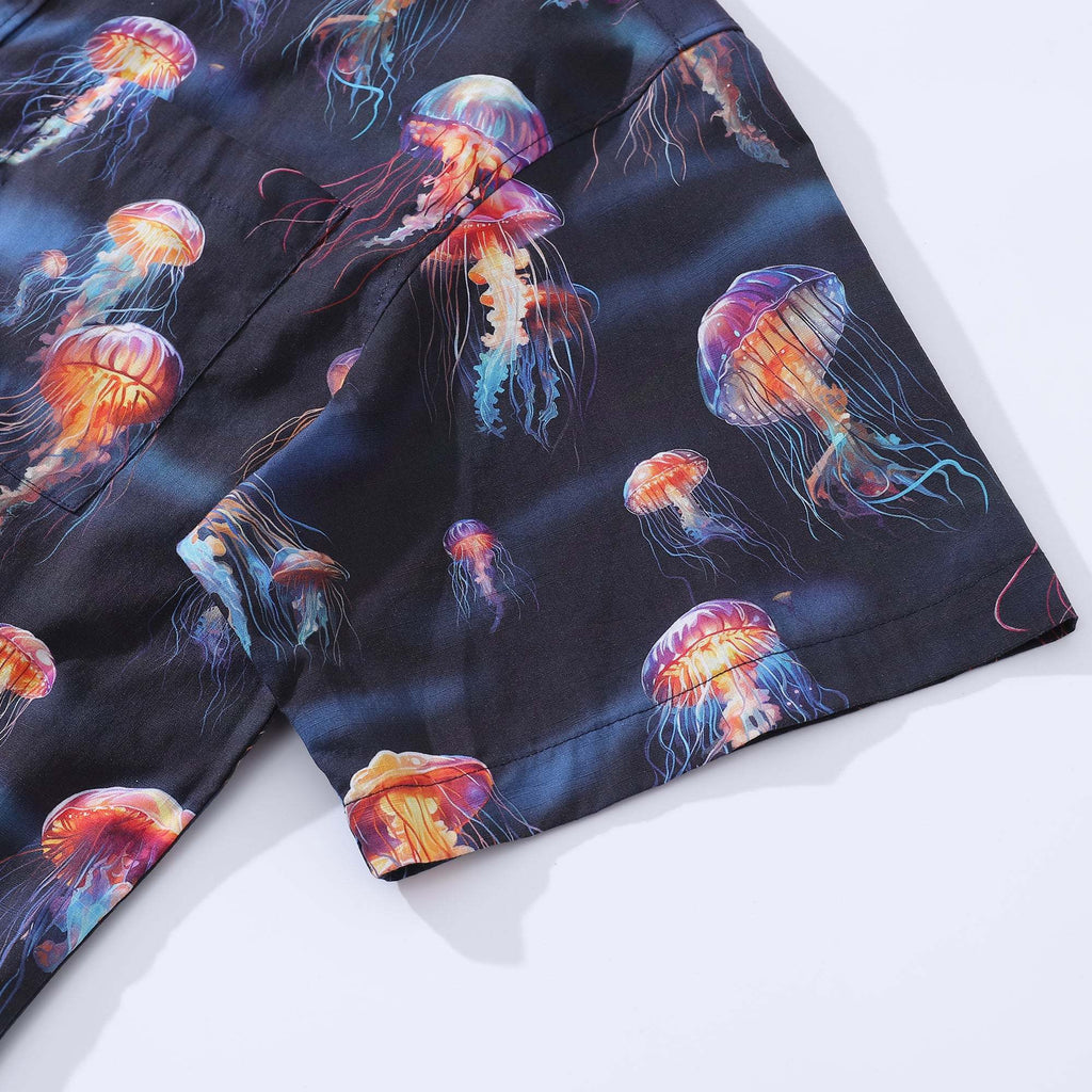 Men's Ocean Hawaiian Short Sleeve Cotton Resort Wear Shirt Jellyfish Print Luminescent Dreams By Amy